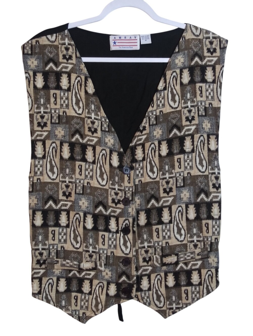 AMRAV Vintage Jacquard Folk Art Button Front Vest in Neutral Tones Size M